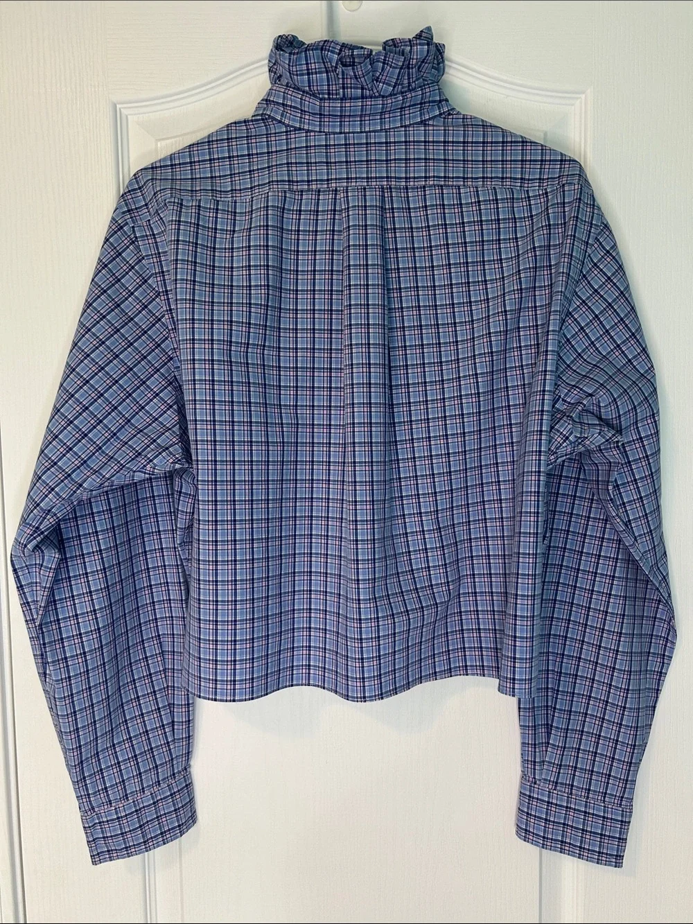 Upcycled Ralph Lauren Women’s Shirt Cropped Blue Pink Plaid with Ruffle Collar - Picture 5 of 12